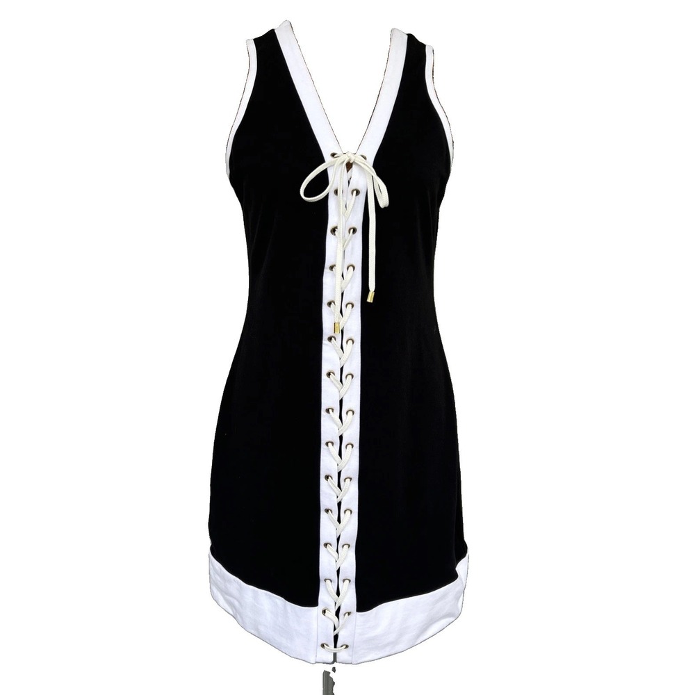 BOSTON PROPER Size M Womens Black Sleeveless Plunge Lace Up Short Dress